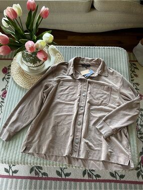 Caslon Relaxed Button-Front Long Sleeve Top in Taupe